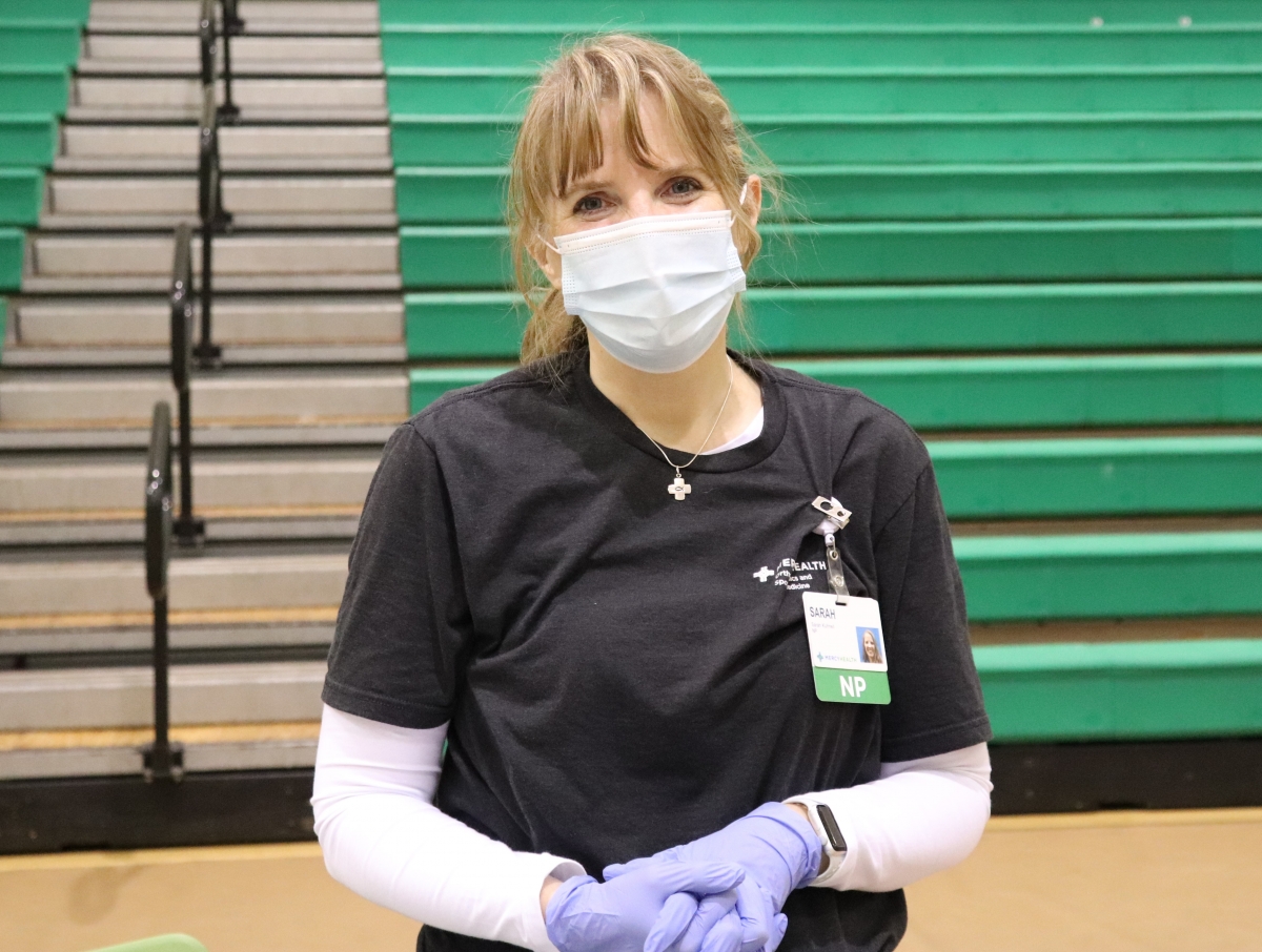 Mercy Health vaccinator smiles at LM Staff vaccination