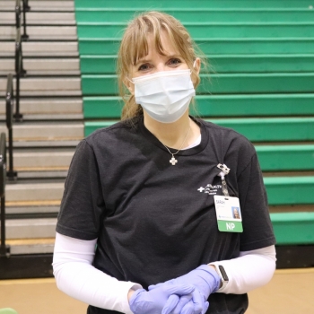 Mercy Health vaccinator smiles at LM Staff vaccination