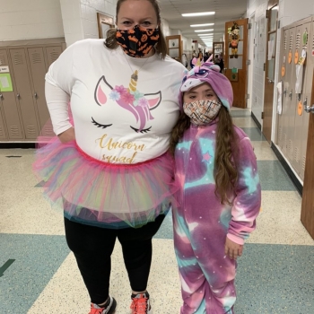 student and teacher in costume